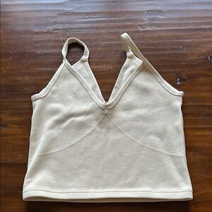 Free People Cream Ribbed V-Neck Crop Top
